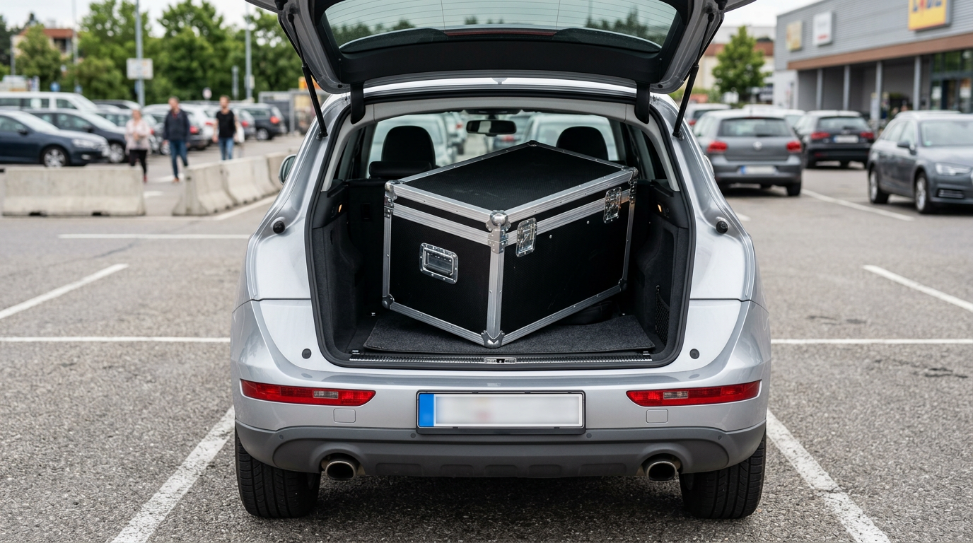 Chargement d'un flight case DJ dans le coffre d'une voiture