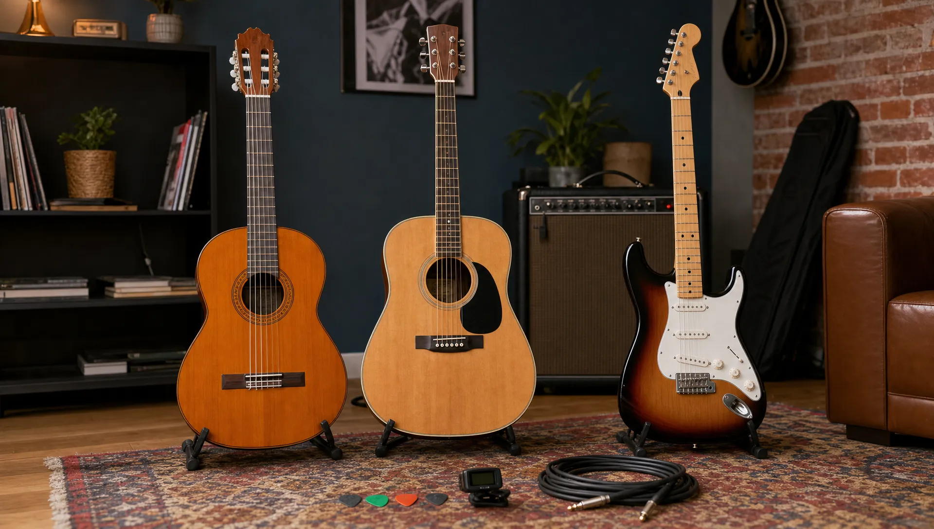 Trois guitares posées côte à côte dans un salon musical, une guitare classique à cordes nylon, une guitare folk acoustique et une guitare électrique, avec des médiators, un accordeur et un câble au premier plan.